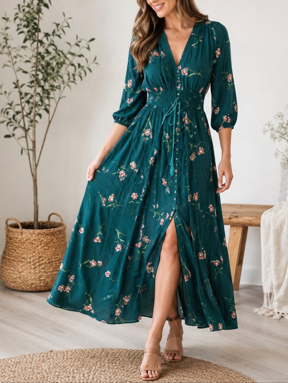 Jaase Teal Floral Boho Maxi Dress Smocked Waist High Low Hem Small - Picture 4 of 16